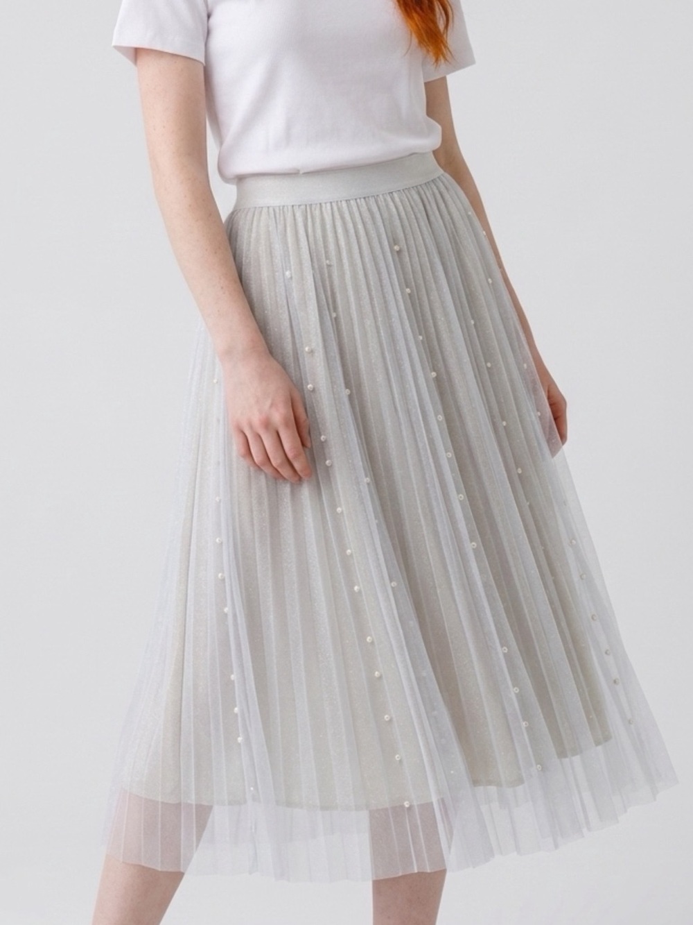 Apricot Pearled Tulle A-Line Skirt Flowy Midi Formal Prom NWT